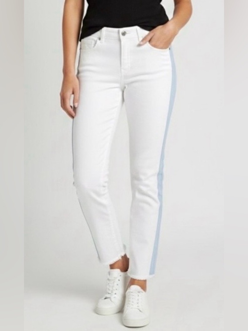 Loft white high waisted skinny ankle jeans, blue vertical side strips, zipper,25